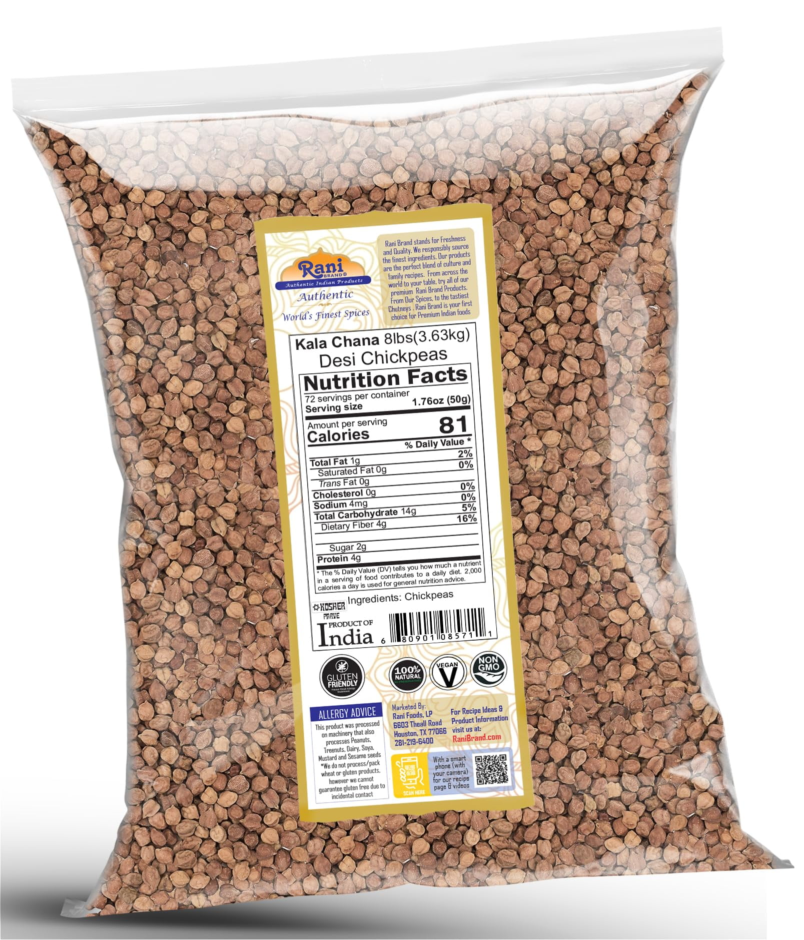 RANI BRAND, Kala Chana Desi Chickpeas 128oz, Vegan, Kosher