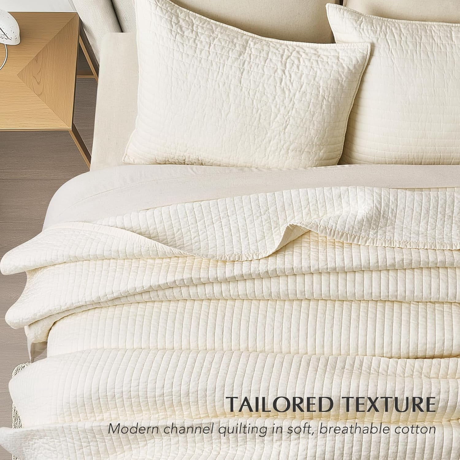 EVERGRACE Cotton Sateen Quilt Set King Size, Pre-Washed Cotton Channel Stitch Coverlet Bedspread, 3 Pieces Lightweight Soft Bedding Sets for All Season, with 2 Pillow Shams, Cream
