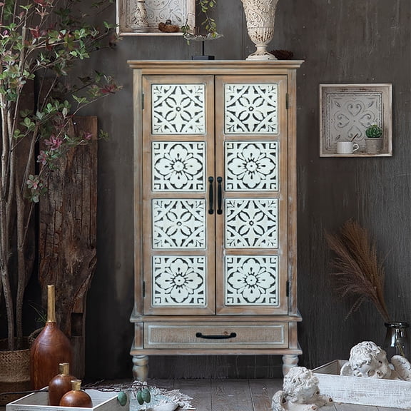 Tower Accent Storage Cabinet, Rustic Wood Sideboard Pantry Cabinet with 2 Doors and Drawer for Dining Room, Living Room, Antique Natural