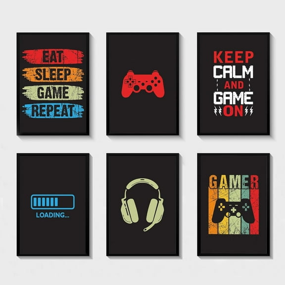 Video game art print colorful gaming themed canvas wall art neon gaming posters 8x10 inch, Games Room Art,Boys Bedroom Decor, Video Game Print - UNFRAMED Set Of 6