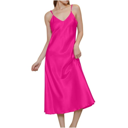 Tao Tao Women s Satin Nightgown Spaghetti Strap Slip Nightdress Chemise Negligee Lingerie Hot Pink M