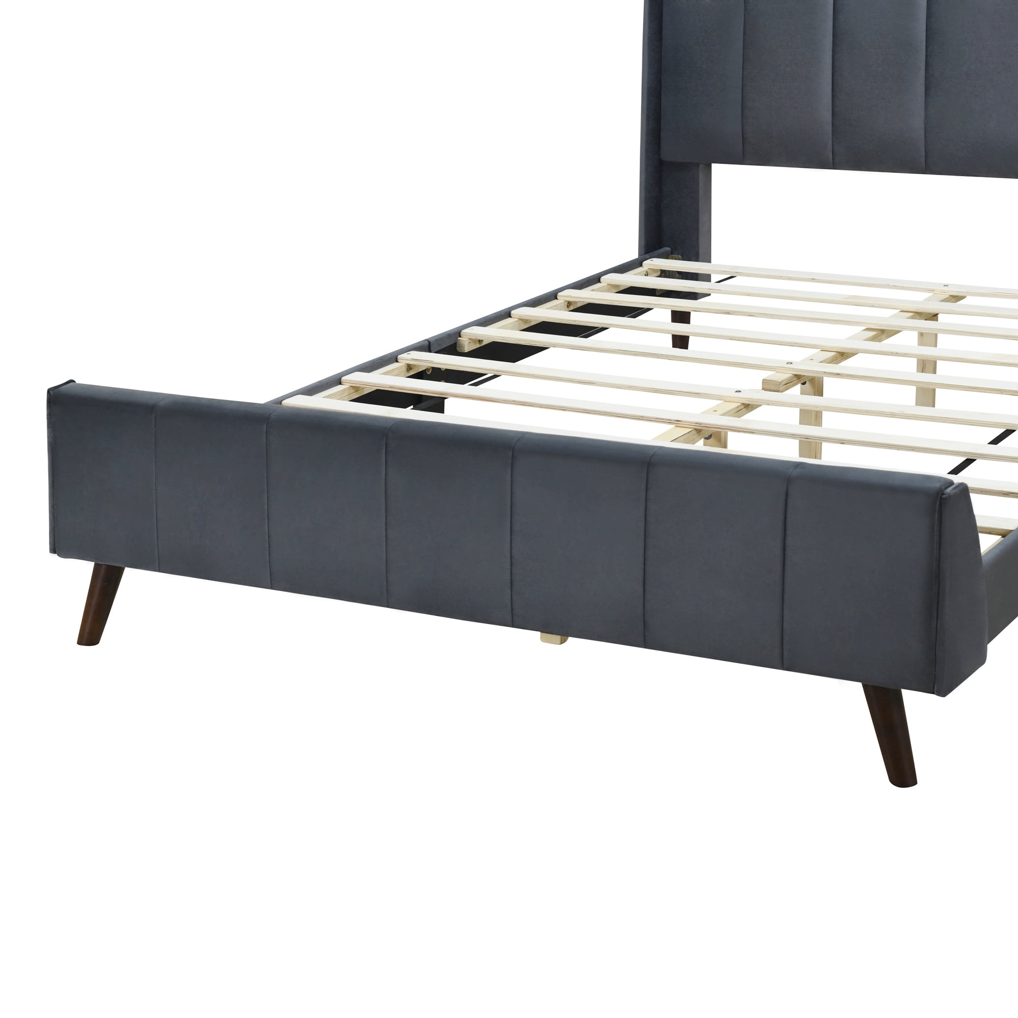 Aukfa Queen Size Upholstered Platform Bed, Velvet Vertical Stripe Bed Frame with Wingback Headboard, Gray