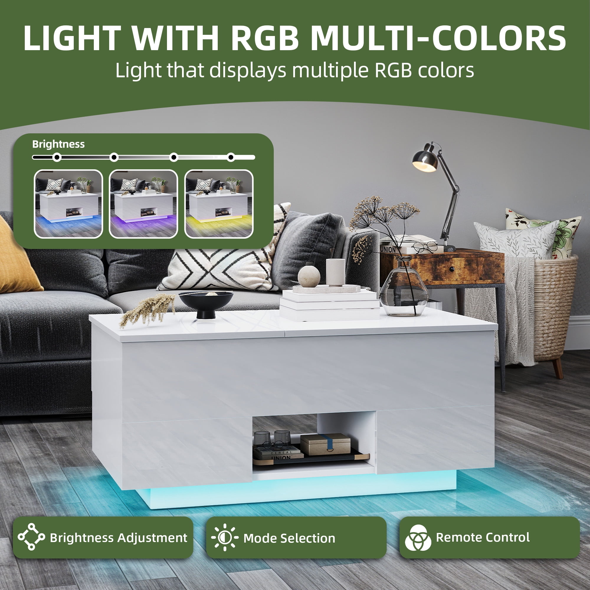Uforic Lift Top Table with Drawers & LED Lights, High Gloss Coffee Table with Power Outlets, White