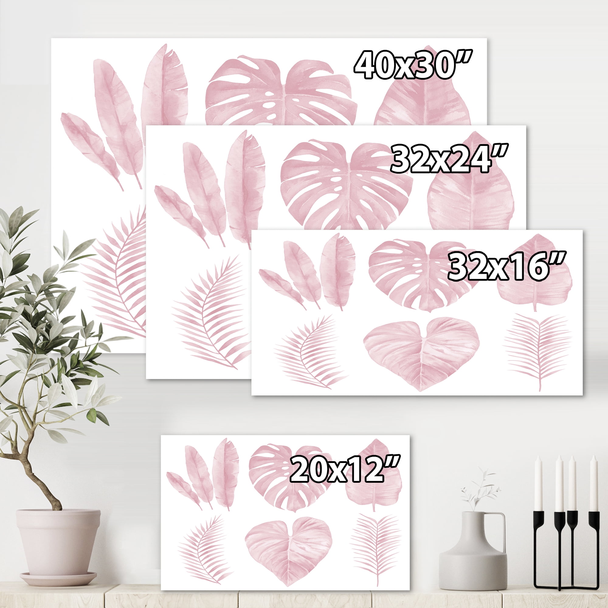Tropical Pink Watercolour Leaves On White I 8 in x 12 in Painting Canvas Art Print, by Designart