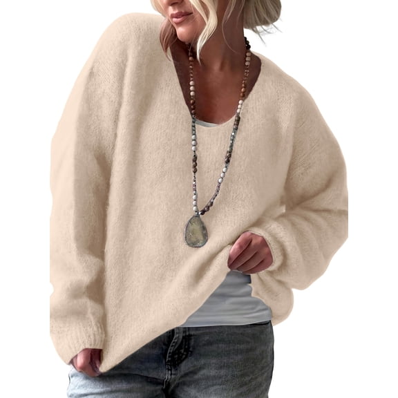 Women Soft Deep V Neck Drop Shoulder Lantern Long Sleeve Oversized Lazy Fit Solid Knit Sweater Color M