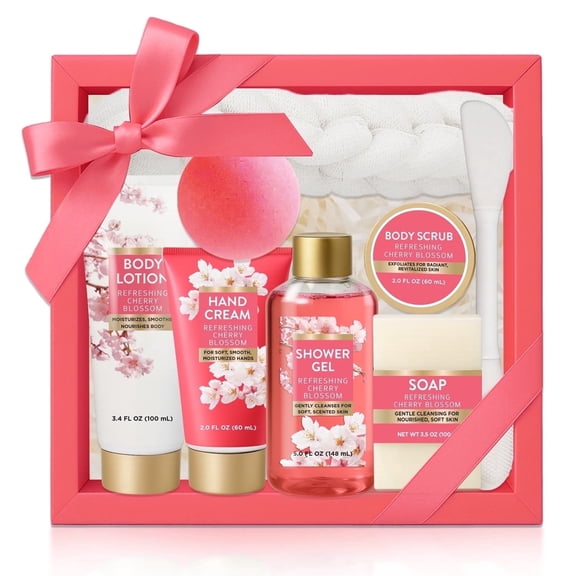 Spa Luxetique Bath Gift Sets for Women, 8 Pcs Cherry Blossom Self Body Care Birthday Gifts for Mom, Relaxing Gift Baskets for Her
