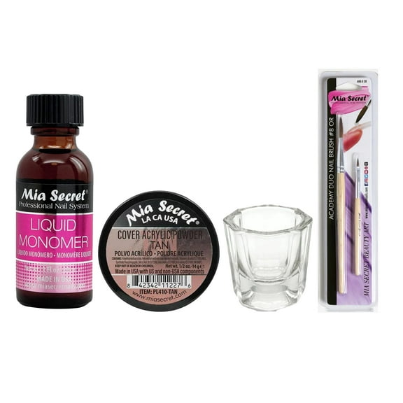 Mia Secret - Liquid Monomer 1oz   Cover Acrylic Powder Tan 0.5oz   Dappen Dish   Academy Duo Nail Brush #8 OR - Combo