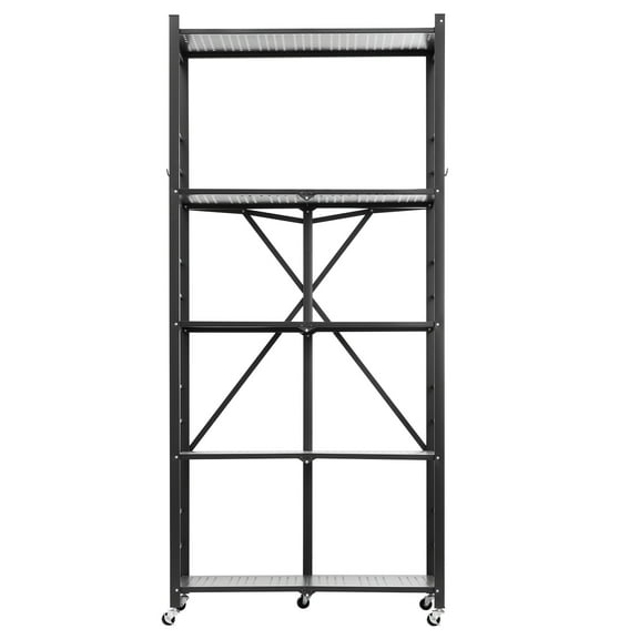 KFFKFF 5-Tier Foldable Storage Shelf with Wheels, 32-inch W x 14-inch D x 72-inch H Folding Metal Rack Shelving Unit, Durable No-Assembly Organizer for Garage, Kitchen, Basement, Black