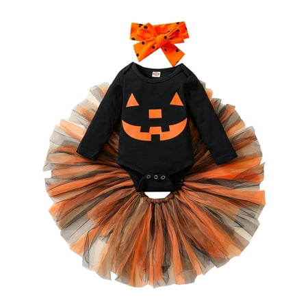 

Canrulo Newborn Baby Girls 1st Halloween Outfits Letter Print Long Sleeve Romper+Tutu Skirt+Headband Clothes Black Orange 3-6 Months