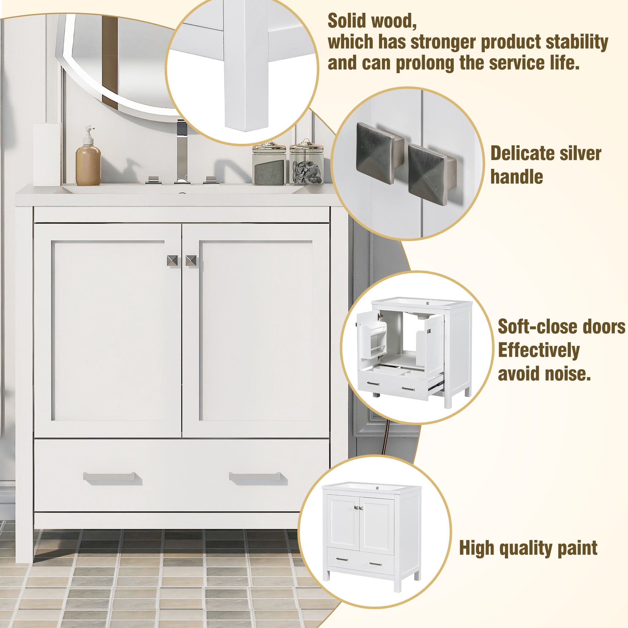 Harper & Bright Designs 30" White Bathroom Vanity with Single Sink, Bathroom Combo Cabinet Undermount Sink with 2 Doors and a Drawer, Soft Closing, Multifunctional Storage, Solid Wood Frame