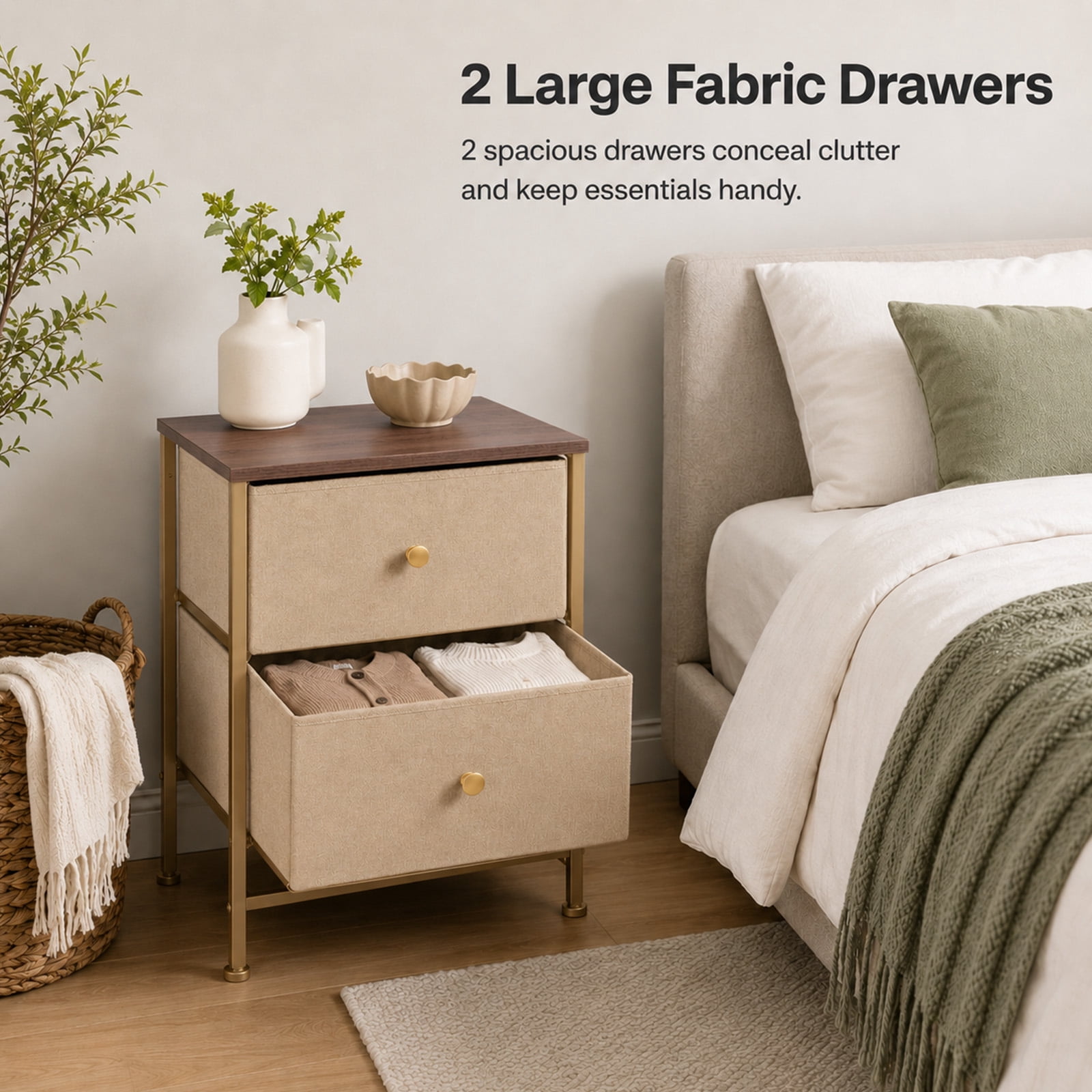 Alvantor Nightstand with 2 Storage Drawers, Small Bedside Table, Small Dresser with Sturdy Wooden Top for Daily Essentials, Compact Nightstand for Bedroom and Small Spaces