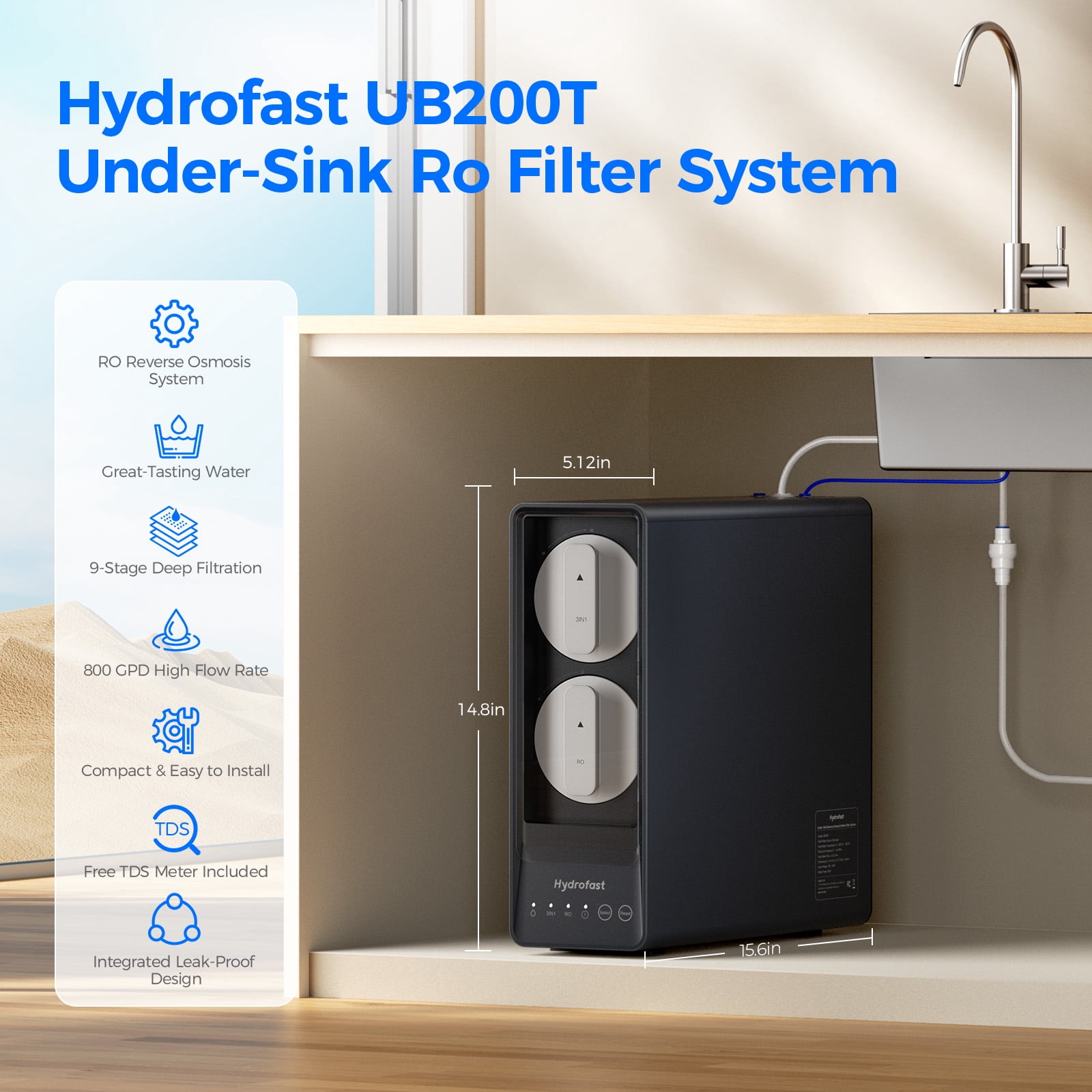 800G Undersink RO Water Purifier with 9-Stage Filtration, TDS Meter, and 5 Sec/8oz Fill Speed Hydrofast UB200T