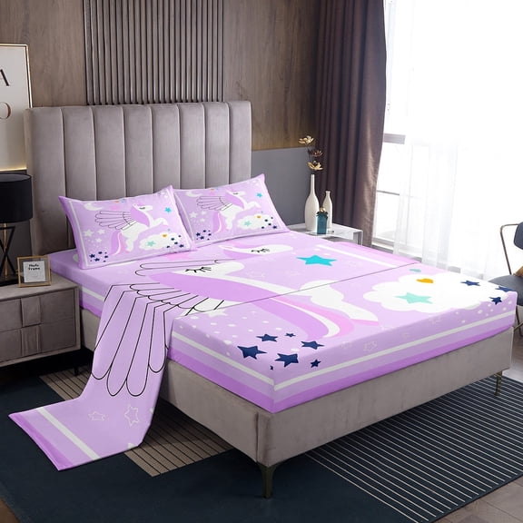 Erosebridal Unicorn Stars Sheet Set Twin,Geometric Stripes Bedding Sets Twin Size,Dreamy Princess Twin Sheet Sets,Super Cozy Cartoon Room Decor,3pcs