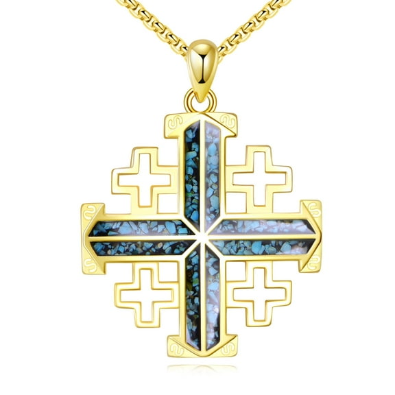 Templar Crusaders Cross Necklace Sterling Silver Jerusalem Crucifix Pendant 18k Gold Plated Religious Jewelry Turquoise Gifts for Men Women
