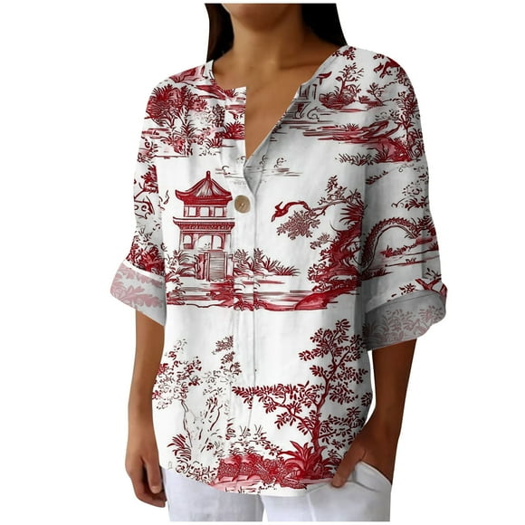 Wo-Fusoul Women's Imitation Linen Shirt, Long Sleeve V-Neck Top, Loose Fit Casual Blouse for Daily Wear and Comfort