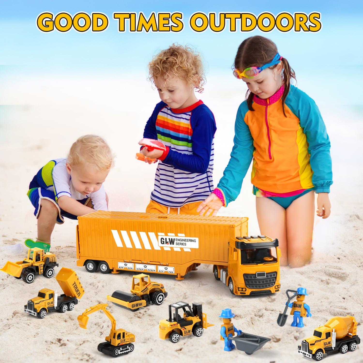 Huge Wave Construction Vehicles Boys Toy Playsets, Construction Truck with 6 Alloy Cars, Sounds and Lights, Kids Christmas & Birthday Gifts for 3 4 5 6 Years Old Boys