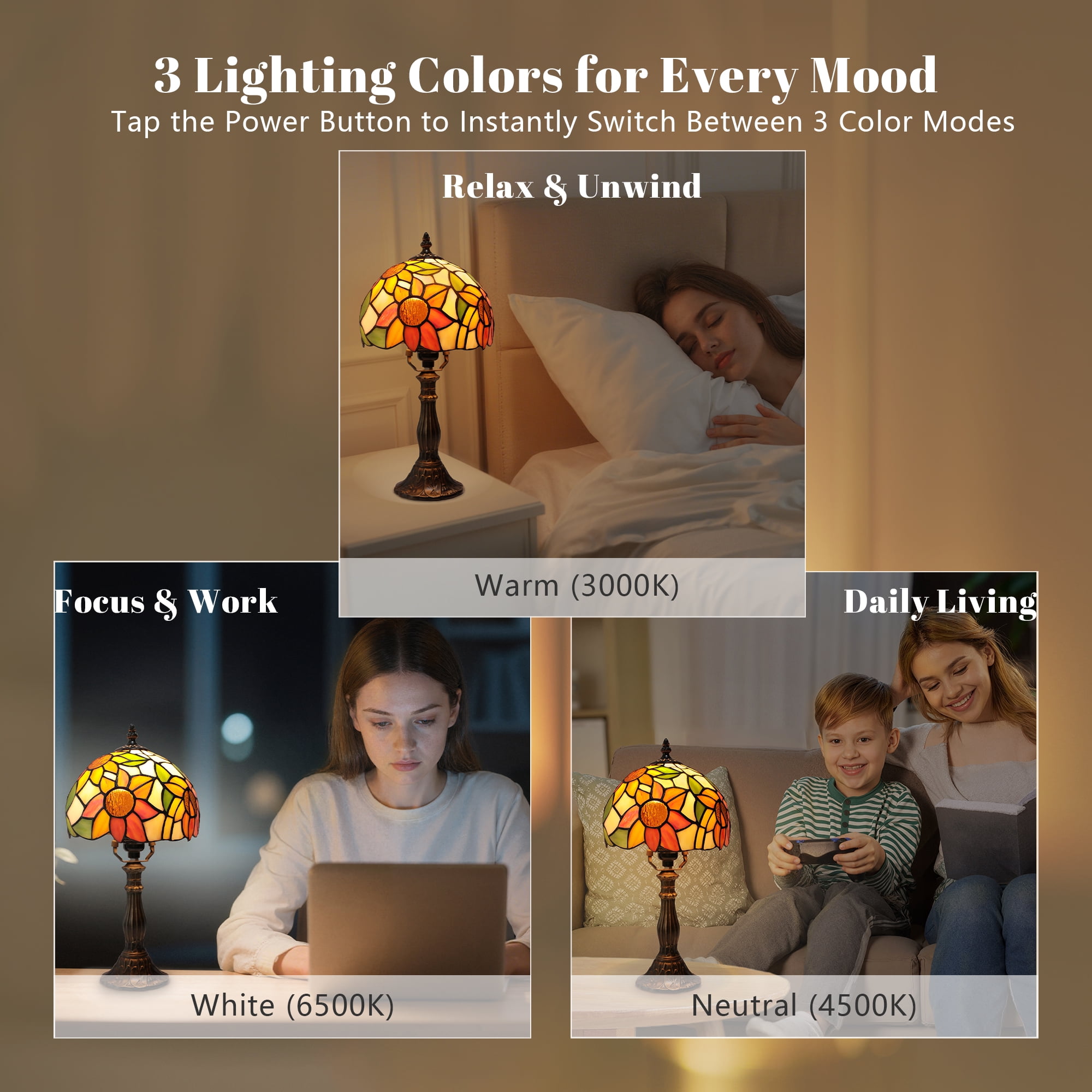 MEHOOM Sunflower Tiffany Style Table Lamps for Bedroom, Stained Glass Shade, LED 3-Color Dimmable with Auto Timer, Table Lamps for Living Room