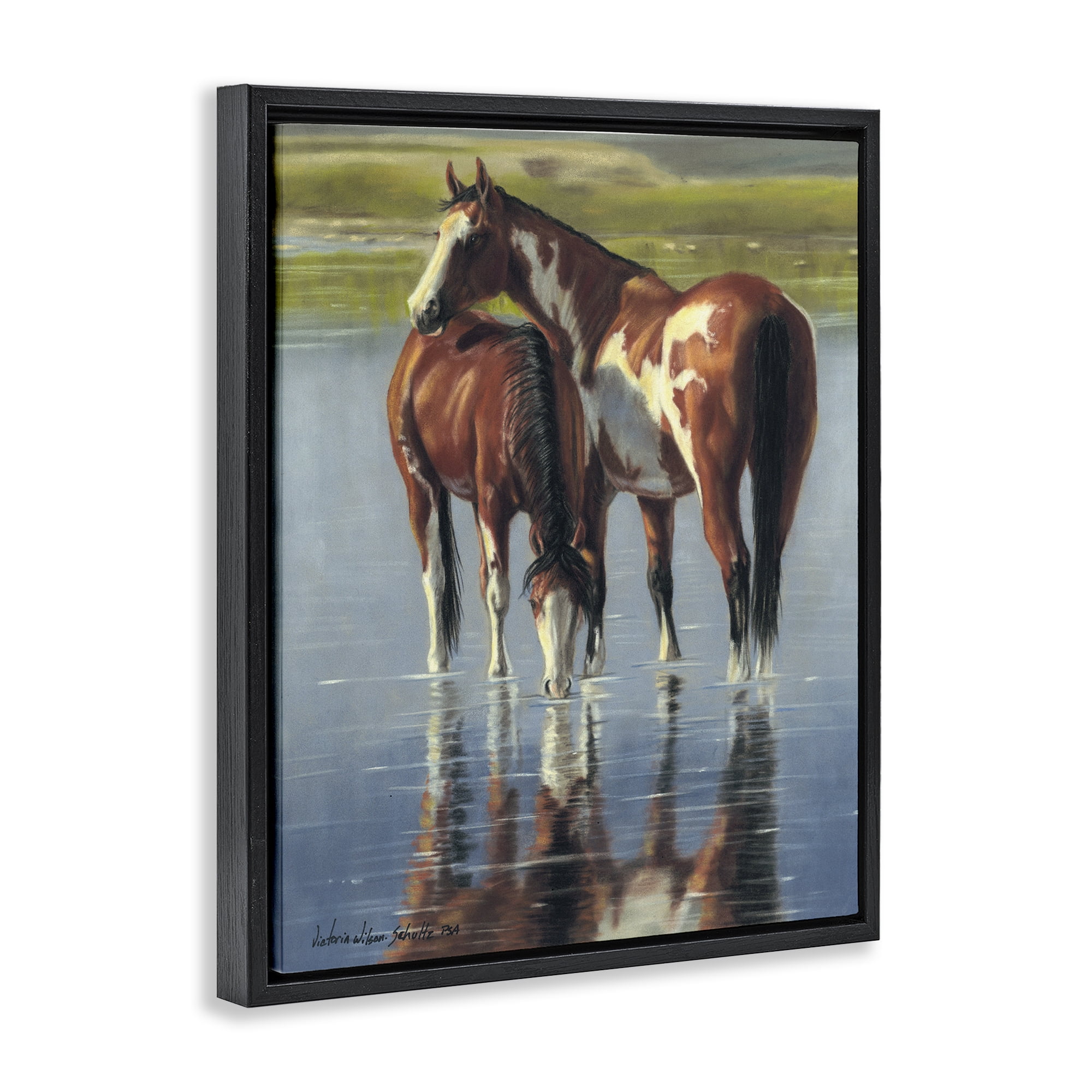 Stupell Industries Horse & Foal Splashing Animals & Insects Painting Black Floater Framed Canvas Art Print Wall Art, 17 x 21