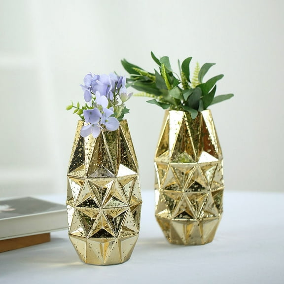 Efavormart 2 Pack 8" Gold Mercury Glass Vases Geometric Vases Flower Centerpieces