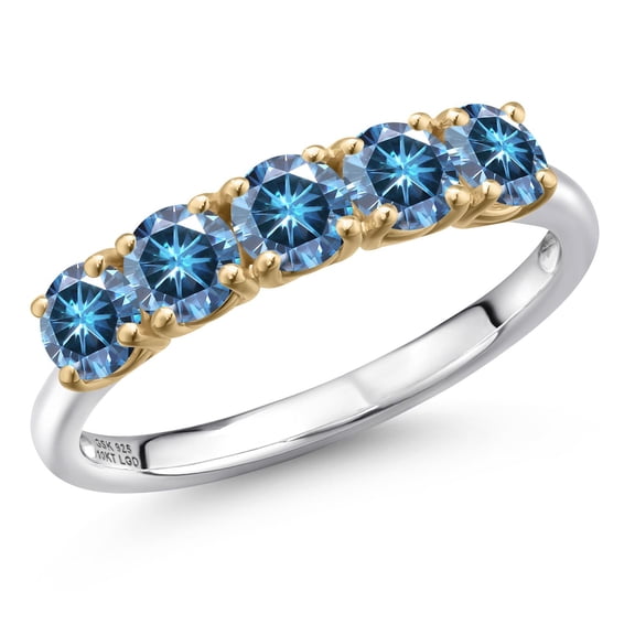 Gem Stone King 925 Silver and 10K Yellow Gold Persian Blue Moissanite Wedding-Bands Ring for Women | 1.15 Cttw | Round 4MM | Gemstone Birthstone | Size 8