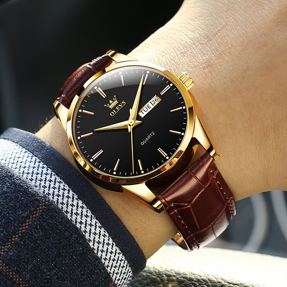 OLEVS Mens Watches,Brown Leather Watch for Men,Gold Plated Case Analog Quartz Fashion Business Dress Watch Luminous Waterproof Casual Male Wrist Watches Reloj para Hombre
