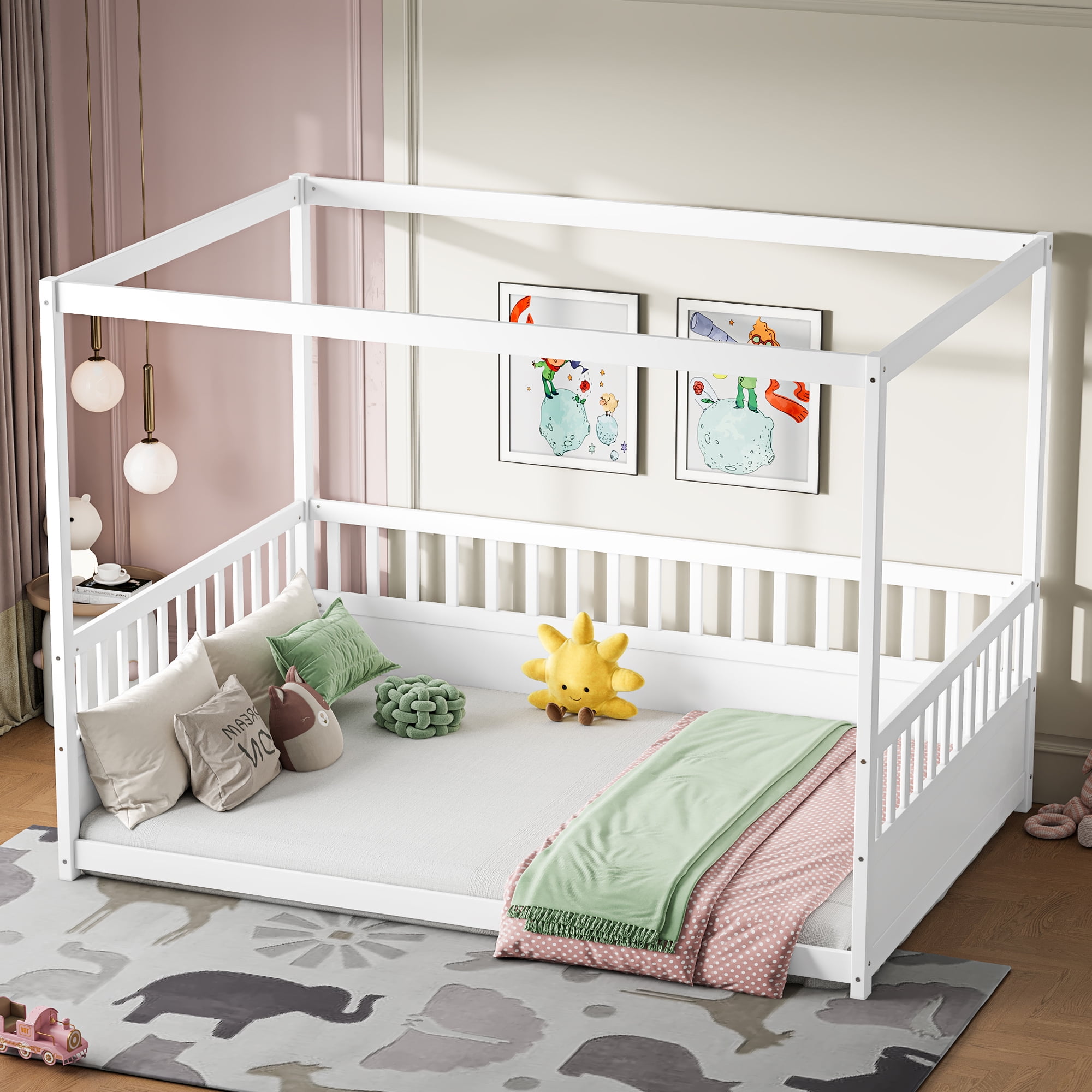 Canopy Bed Frame with Guardrails for Kids, Full Size Floor Bed with Four Poster Design, White Pine Wood Montessori Bed, Low Profile Floor Bed with 21.45-Inch Guardrail