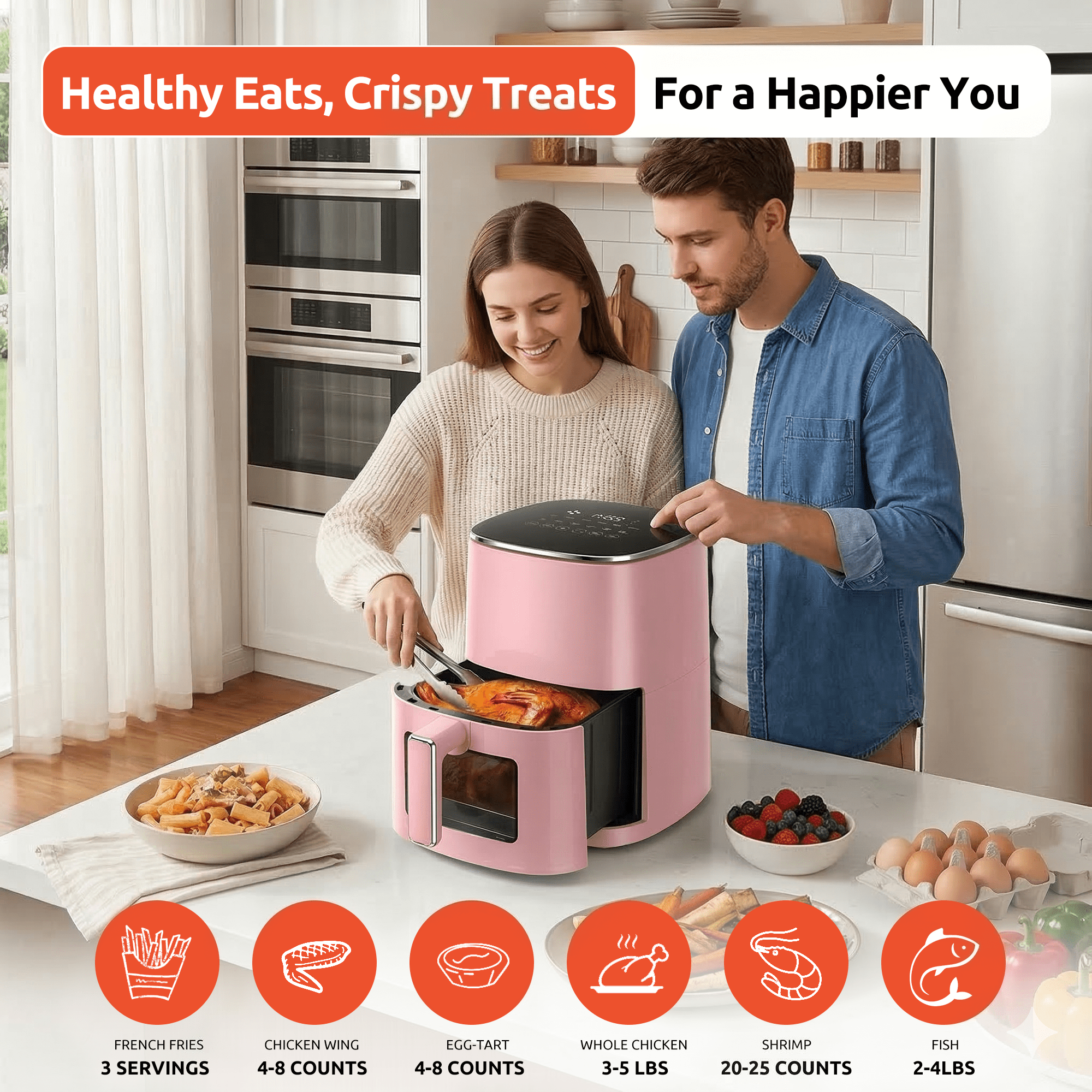 ROSVOVO Air Fryer 6-Quart with Viewing Window 12-in-1 Functions Digital Cooker for Crispy Fries Roasted Chicken Wings, 400°F Max Temperature, Pink