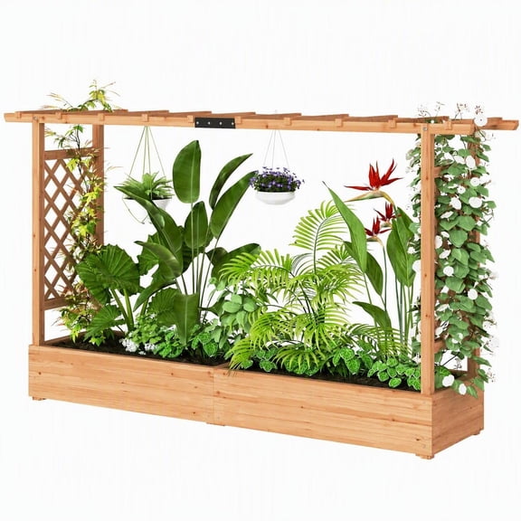 Wooden Raised Garden Bed with Arched Trellis, Fir Wood Planter Box for Climbing Plants, Large 68.9x15.4 Inch