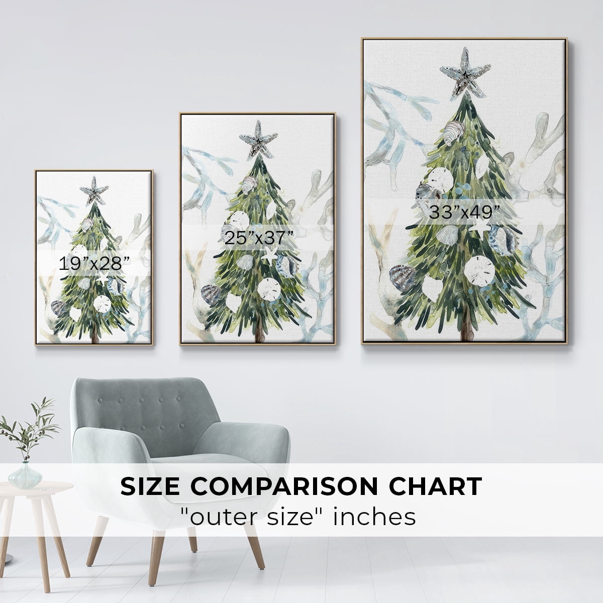 Coastal Christmas Shell Collection B - Framed Gallery Wrapped Holiday Canvas - 17 x 25 - Natural Wood Frame