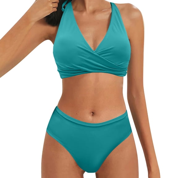 Sngxgn Women's Bikini Sets High Neck Print High Waisted Two Pieces Swimsuits Bathing Suits(Green,M)