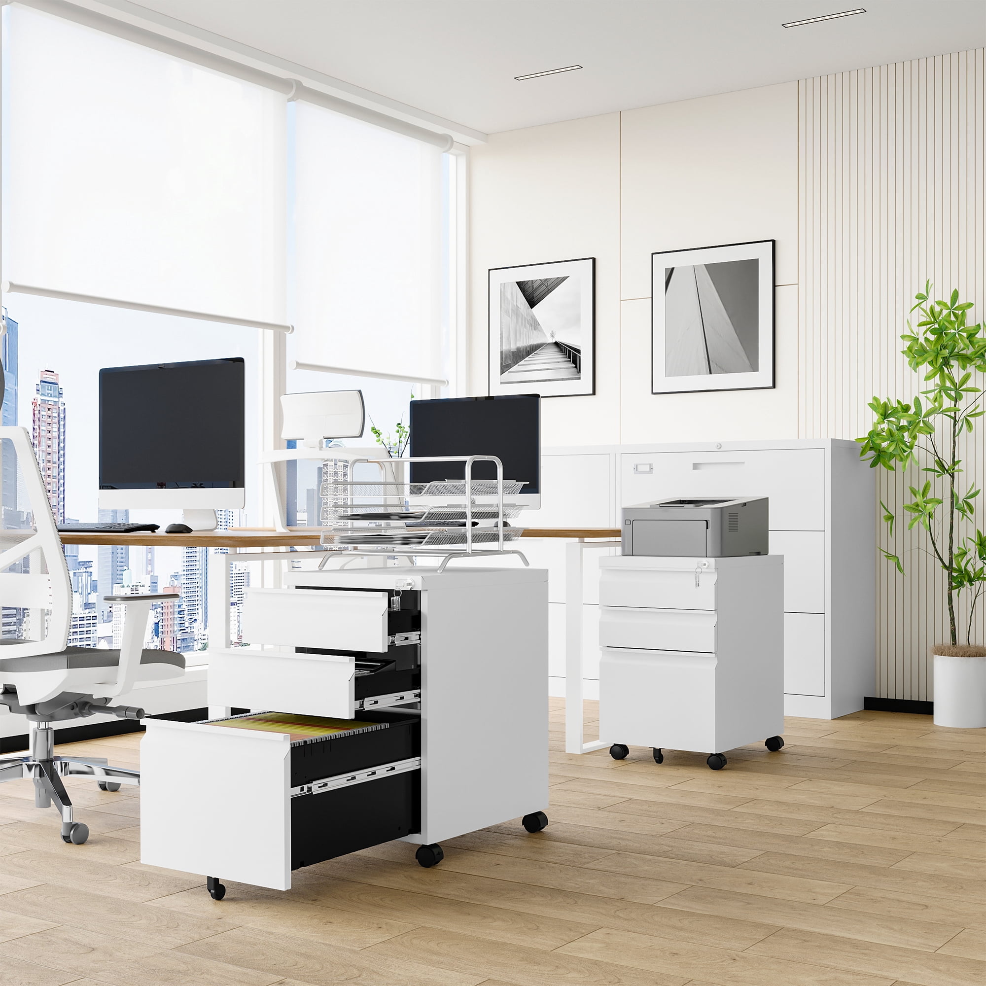 AUHUP 3 Drawer Mobile File Cabinet with Lock, Metal Filing Cabinet with Wheels for Legal/Letter/A4 File, Under Desk File Cabinets for Home Office,White,Fully Assembled