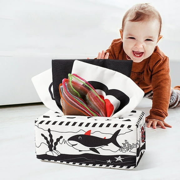 Baby Tissue Box Teething Toy 0-12 Months | Soft Stuffed Crinkle Paper & High-Contrast Sensory Toys | Tear-Proof Plush Early Learning Infant Toys for Developmental Play