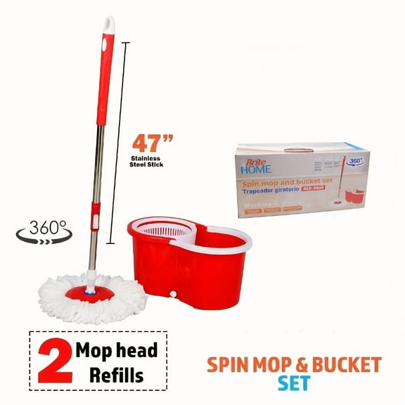 Upgraded 360 Spin Mop & Bucket Set, 47" Stainless Steel Handle, 2 Washable Microfiber Mop Heads, Wet/Dry Use, Blue/Red/Black, Ideal for Home, Kitchen, Bathroom Floors