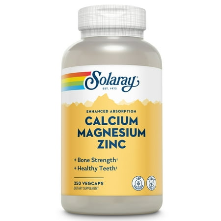 Solaray Calcium Magnesium Zinc Supplement with Cal & Mag Citrate Strong Bones & Teeth Support Easy to Swallow Capsules 60 Day Money Back Guarantee (250 CT)