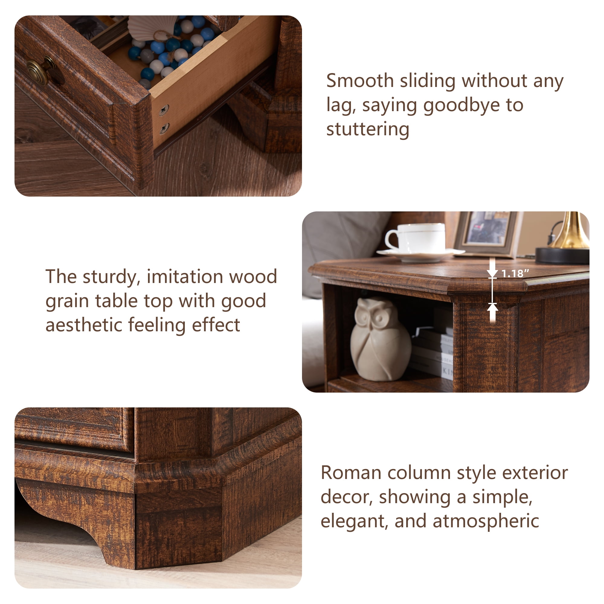 OKD Farmhouse Nightstand with Charging Station, End Table with 2 Drawers for Living Room, Side Table, Brown