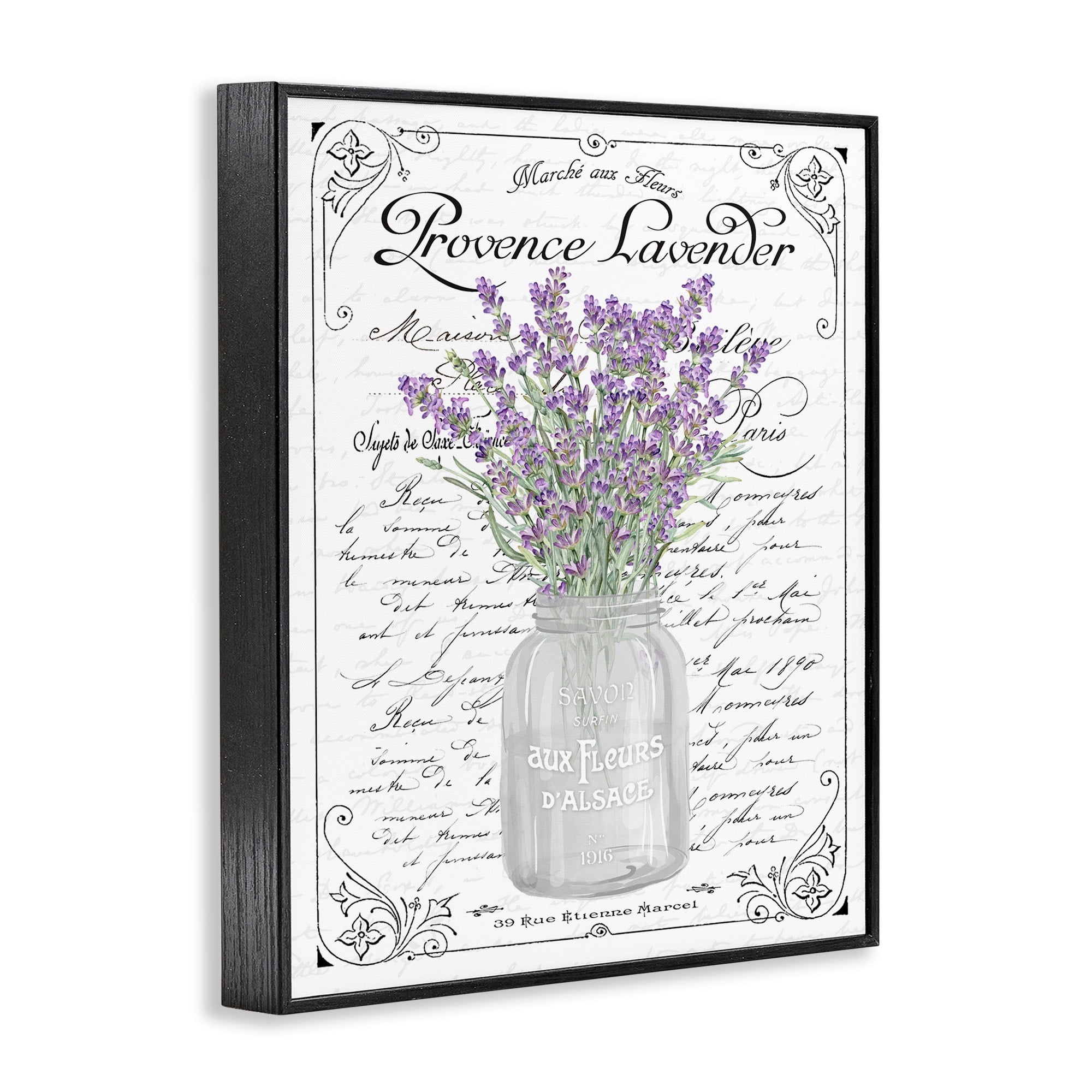 Stupell Industries Lavender Sprigs Bouquet Ornate French Script Motif Graphic Art Black Framed Art Print Wall Art, Design by Lettered and Lined