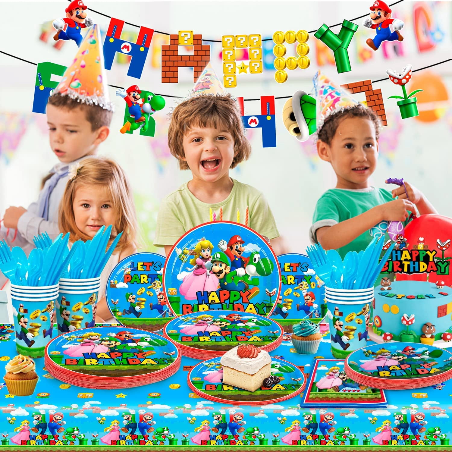 Super Mario Birthday Party Supplies-128pcs Super Mario Tableware Party Supplies Include Mario Party Plates and Napkins Cups Tablecloth&Banner for Boys/Girls Kids Mario Birthday Party Decorations