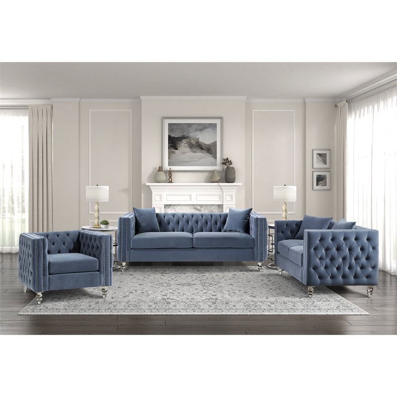 Lexicon Orina Button Tufted Velvet Loveseat in Dark Blue