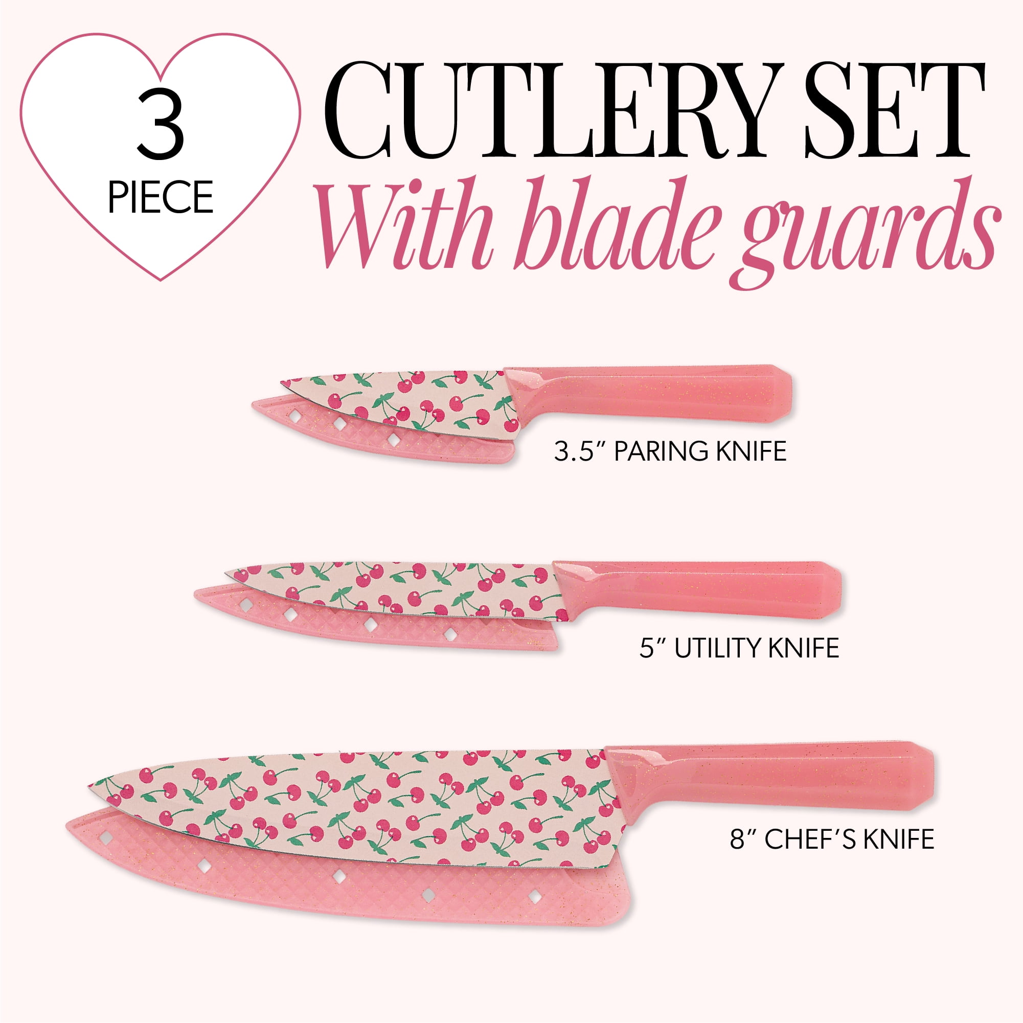 Paris Hilton 3-Piece Cutlery Set, Stainless Steel Blades with Cherry Decal, Pink Jewel-Faceted Handles