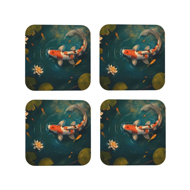 Easygdp Koi Pond Lilies or Leather Coasters Set of 4 Coaster, Non-Slip, Heat Resistant for Home, Office, Kitchen (Round,Square,Octagon,Hexagon)-Square
