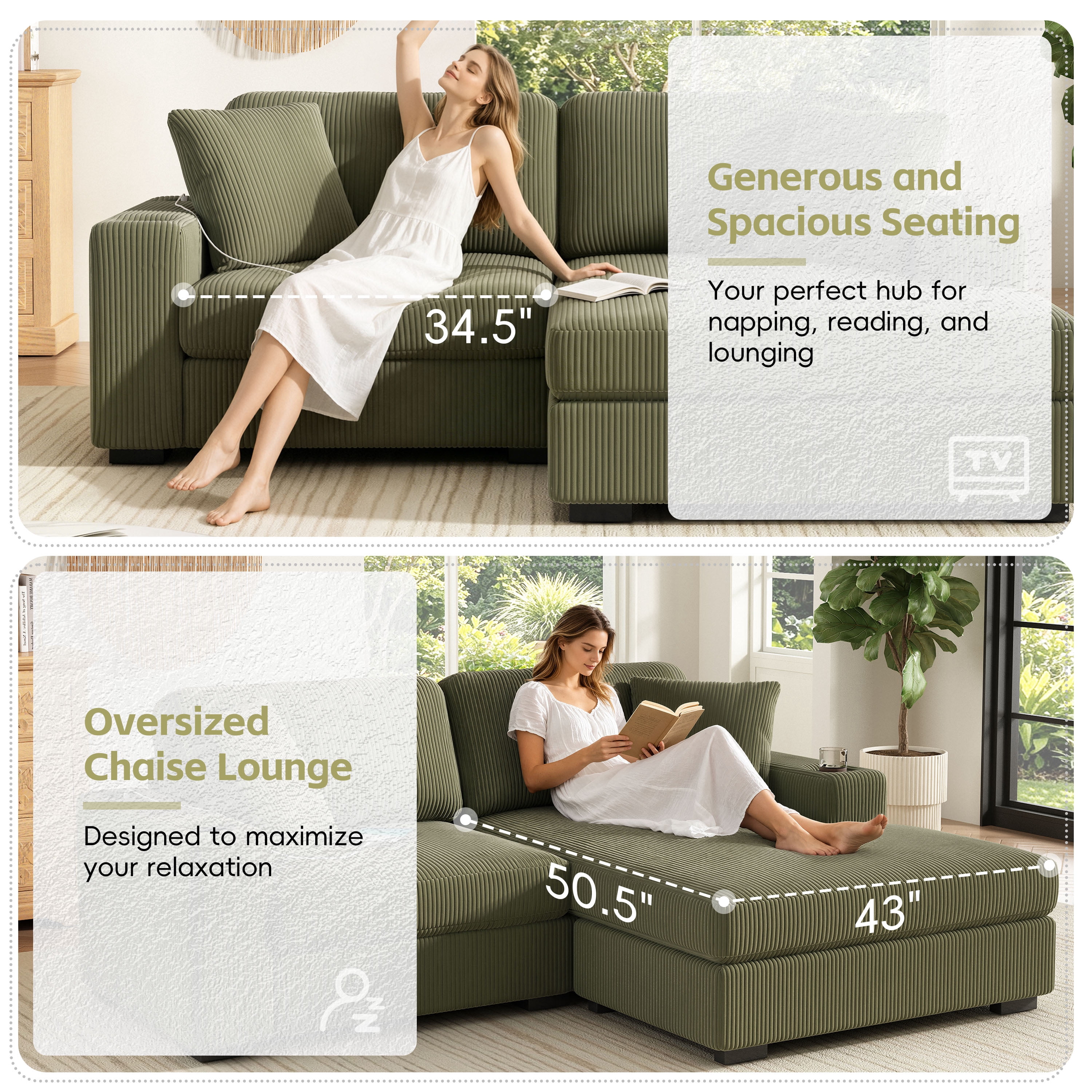 GARITIN L Shaped Sectional Sofa 86.5 Inch, Corduroy Upholstered Couch with Cup Holders and Charging Ports for Living Room, Green