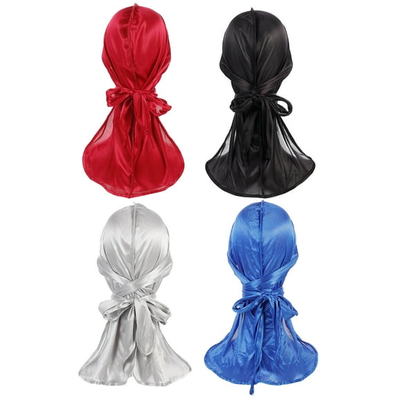 LOLIPPYY 4Pcs Silky Long Tail Durag Durable Silk Headwrap Caps Pirate Style Assorted Color