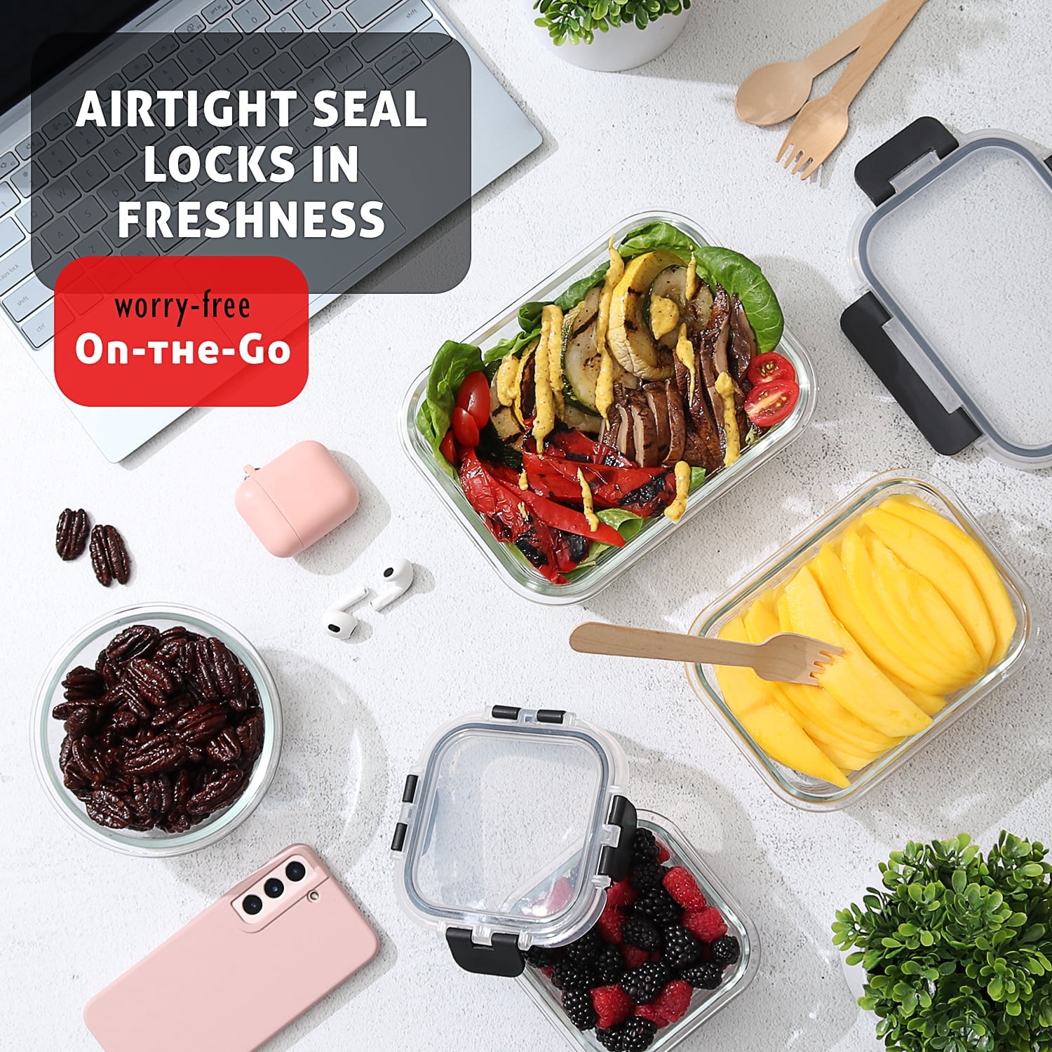 24 Piece Glass Food Storage Containers with Lids Leak Proof Airtight Bento Lunch Boxes,Oven & Freezer Safe Kitchen Storage Set(12 Containers+12 Lids)