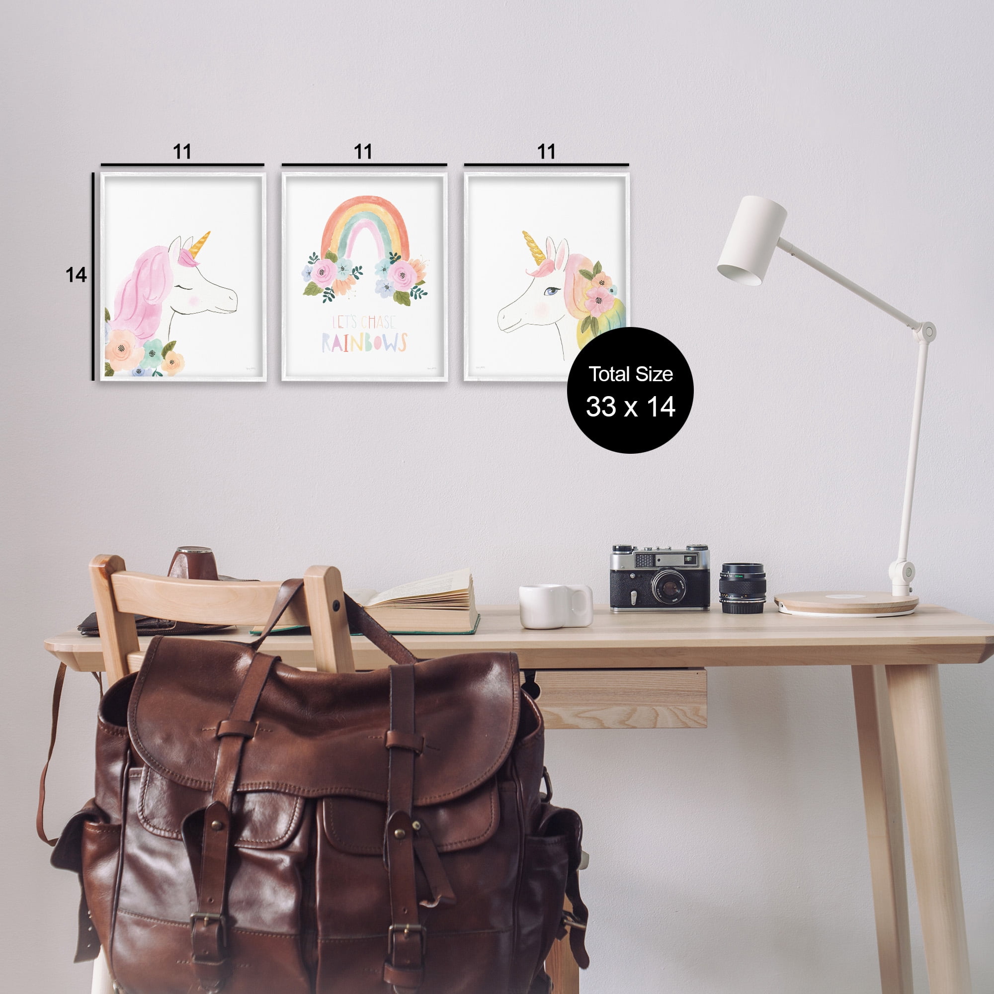 Stupell Industries Let's Chase Rainbows Unicorns Fairy Tales & Fantasy Painting White Framed Art Print Wall Art, 11 x 14, Set of 3