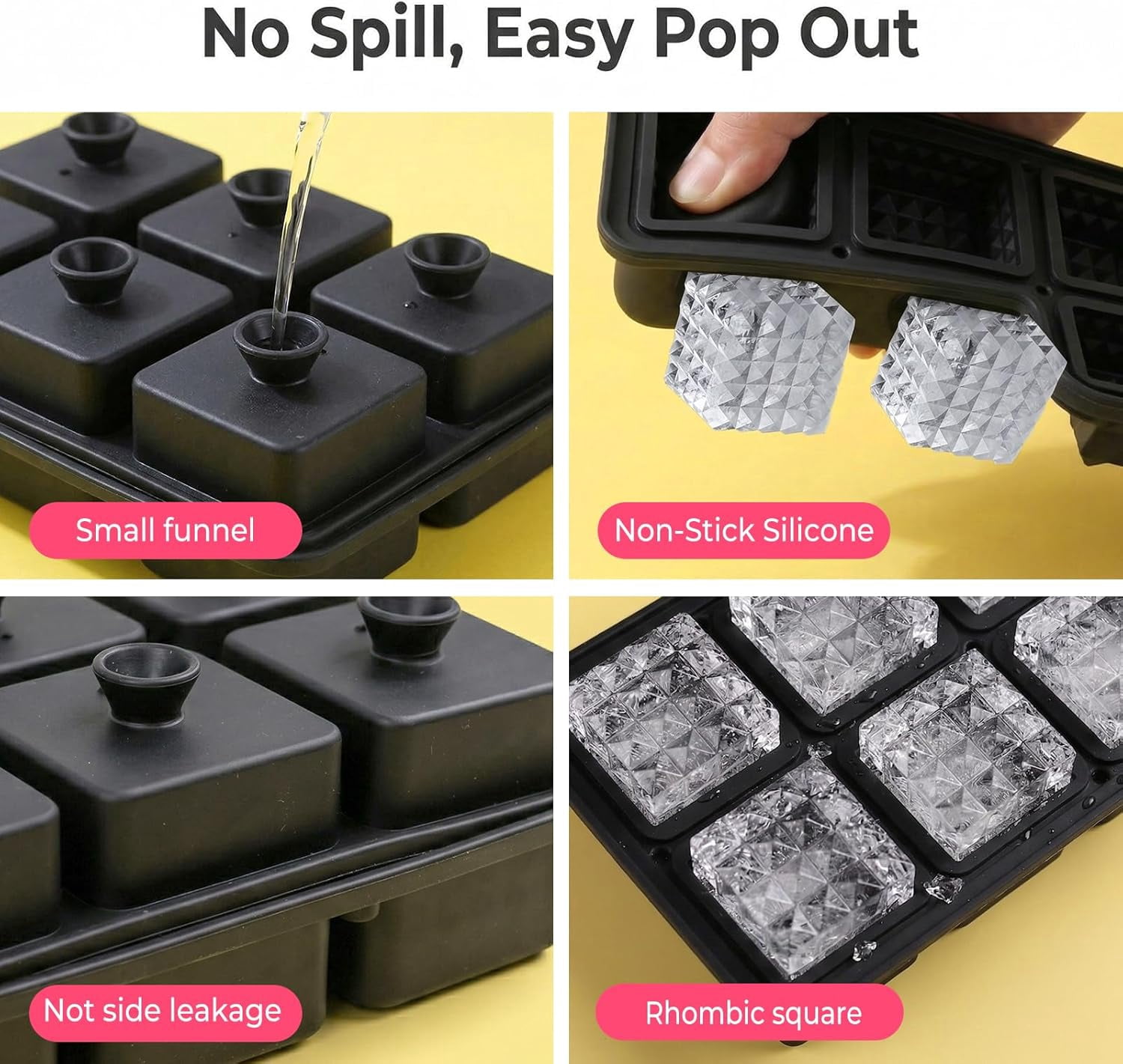 Large Ice Cube Tray with Lid 2inch,Reusable Ice Cube Trays for Freezer,Food-Grade Silicone Ice Trays for Freezer Cube Molds for Cocktail,Whiskey,Meal Prep,Stackable Flexible Icetray (Rhomboid Square)