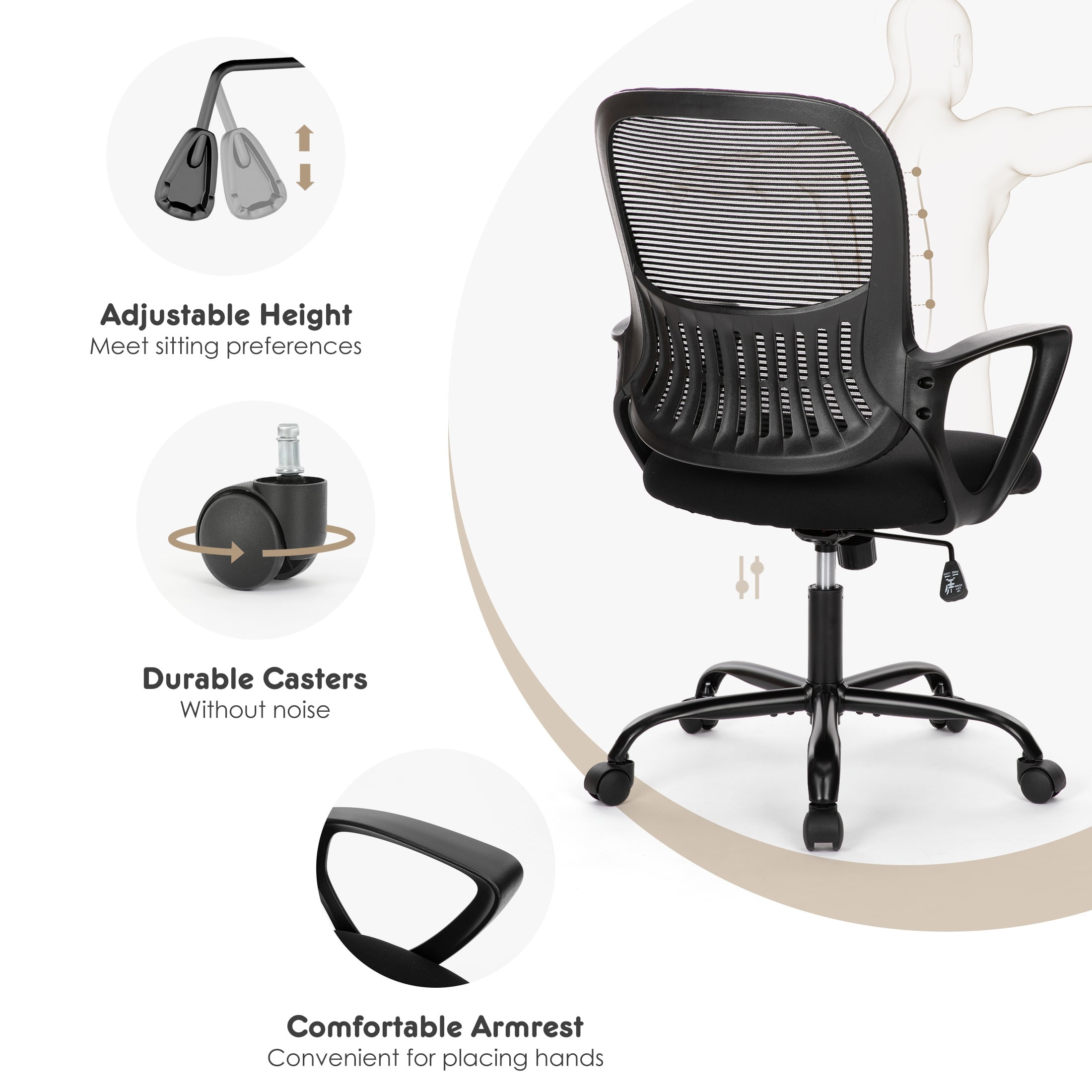 Gianna Ergonomic Mesh Office Chair with Lumbar Support, Armrests, Wheels, and Mid-Back Design for Home or Office Use, Black