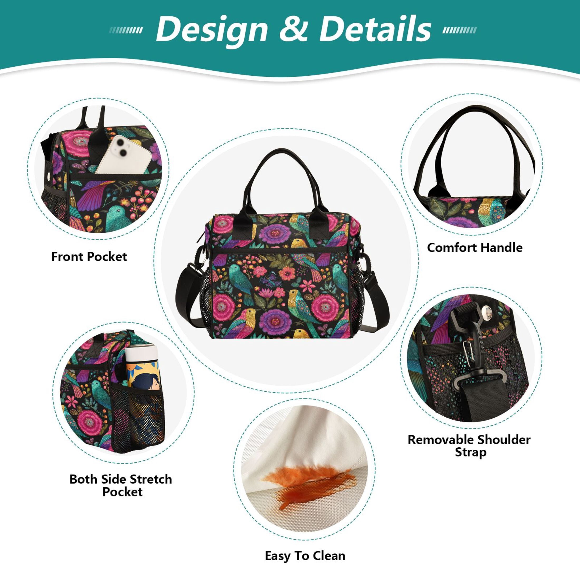 Large Insulated Lunch Bags for Women Men Leakproof Thermal Meal Lunch Tote Bag for Office Work Picnic Travel Colorful Birds and Flowers 12L