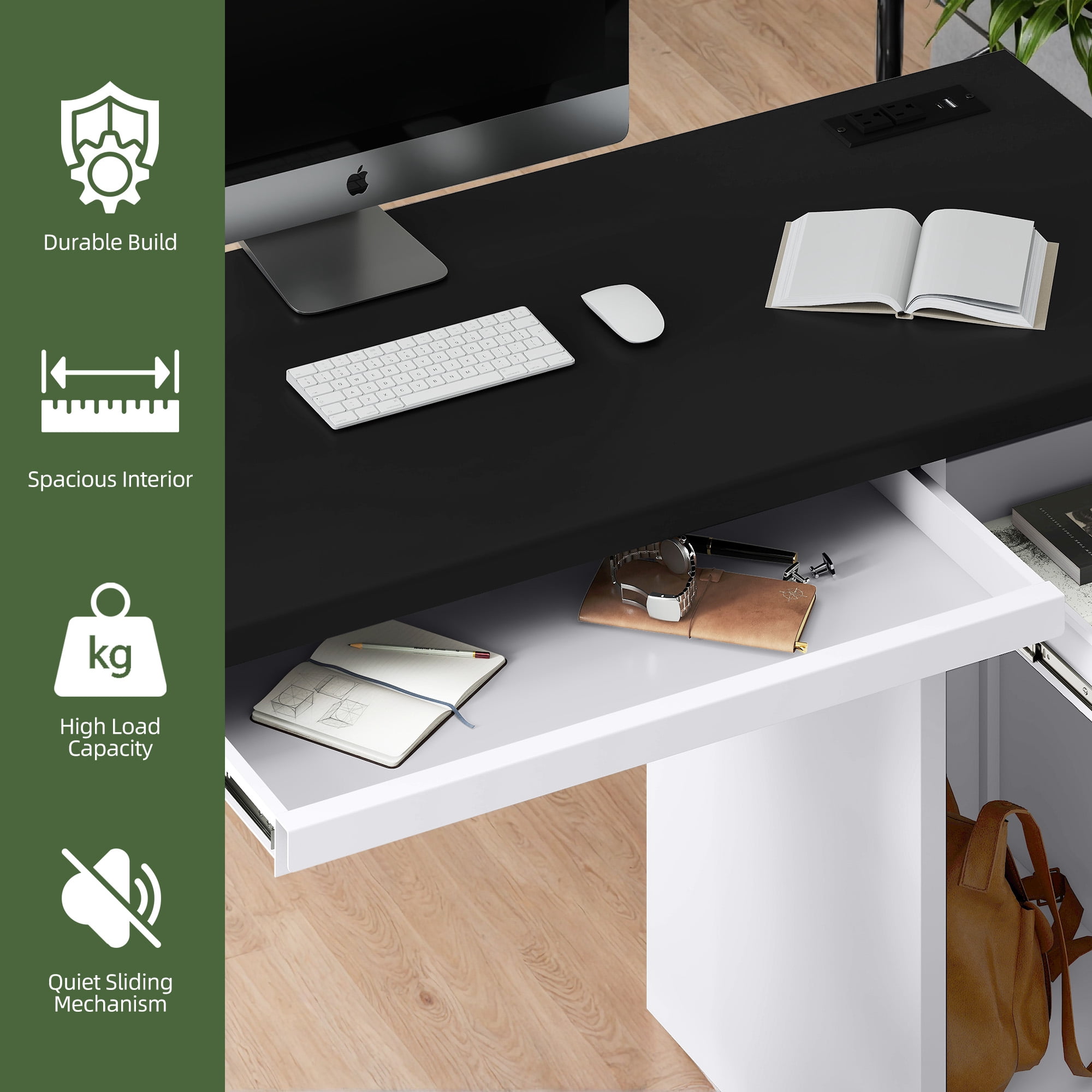 Uforic Metal Computer Desk with Drawers & Keyboard Tray, Office Desk with Power Outlets & File Storage, White