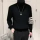 thumbnail image 3 of Suéter de punto negro de cuello alto para hombre, jersey de cuello alto liso a rayas, jersey de gran tamaño, productos más vendidos en 2024, 3 of 5