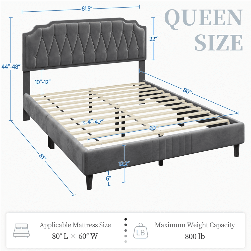 Renwick Upholstered Platform Queen Bed with Adjustable Headboard, Dark Gray